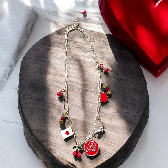 Gold toned dainty and fun Charm Necklace cherries, heart, boot and crystals - Picture 6 of 17
